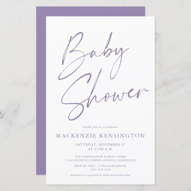 Budget Purple Lavender Simple Script Baby Shower (Front/Back)