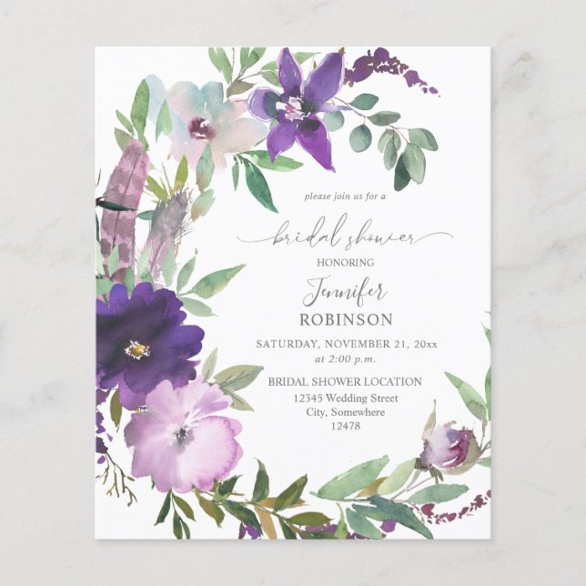 Budget Purple Lavender Violet Floral Bridal Shower Flyer (Front)