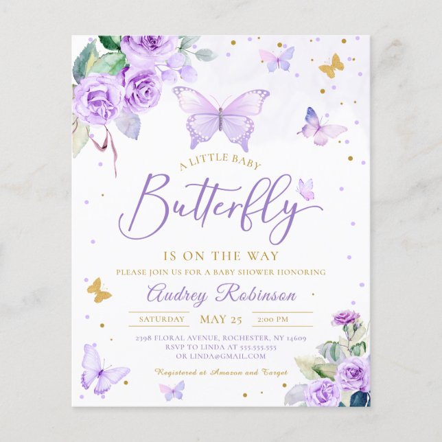 Budget Purple Little Butterfly Baby Shower Invite (Front)