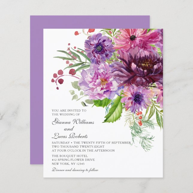 Budget Purple Monochrome Watercolor Floral Wedding (Front/Back)