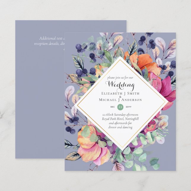 BUDGET Purple Orange Floral Wedding Invitations (Front/Back)
