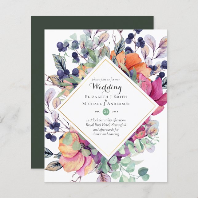 BUDGET Purple Orange Floral Wedding Invitations (Front/Back)