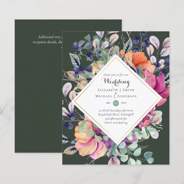 BUDGET Purple Orange Floral Wedding Invitations (Front/Back)