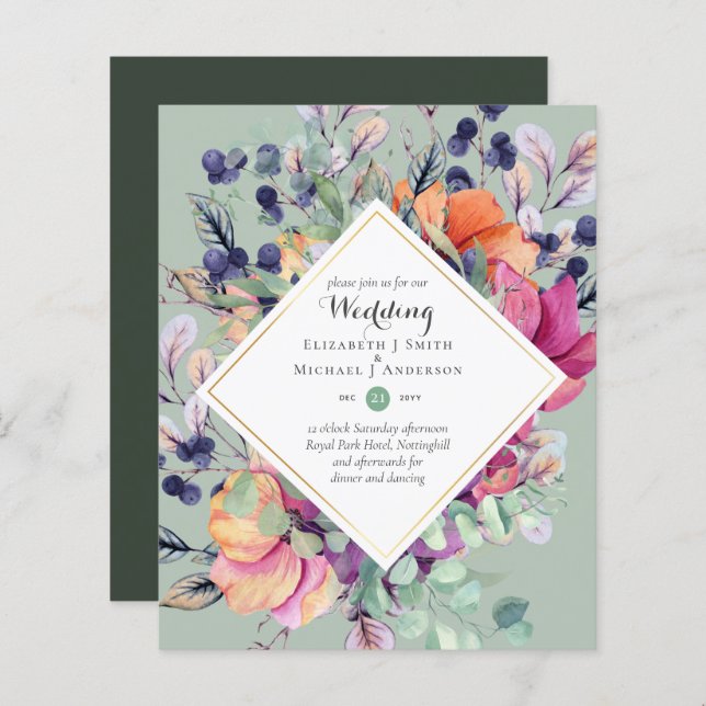 BUDGET Purple Orange Floral Wedding Invitations (Front/Back)