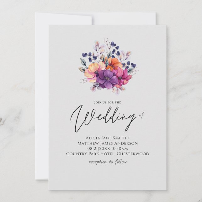 BUDGET Purple Orange Floral Wedding Invite (Front)