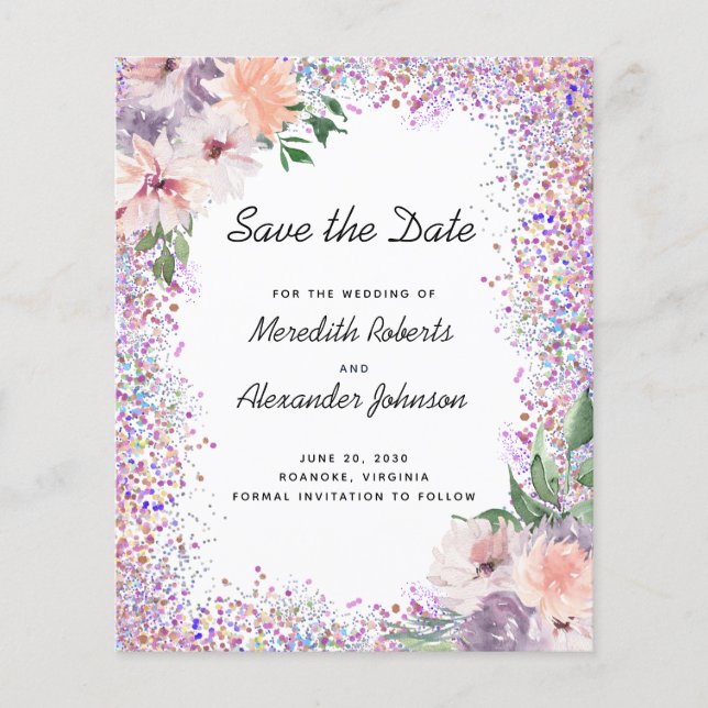 Budget Purple Peach Floral Glitter Save the Date (Front)
