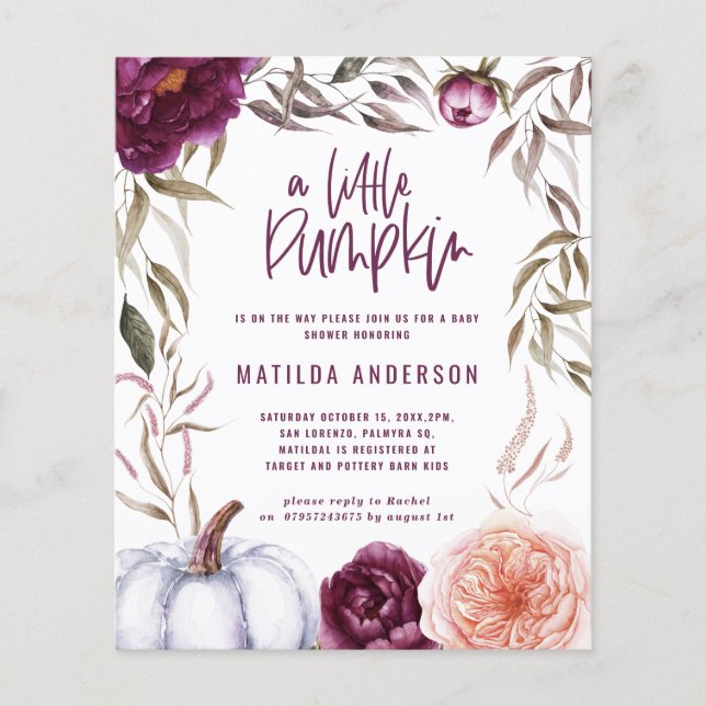 budget Purple peach pumpkin fall baby shower Flyer (Front)