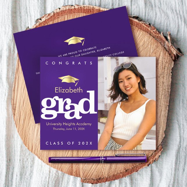 Budget Purple Photo Graduation Gold Cap Invitation (Creator Uploaded)