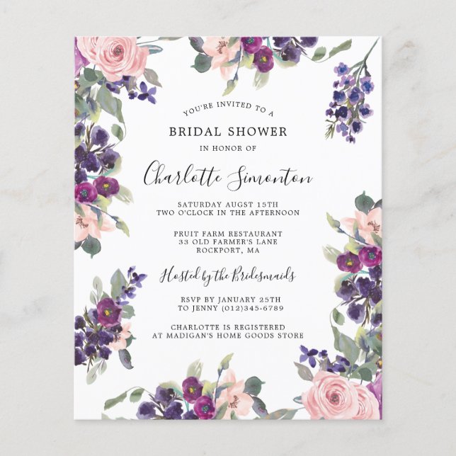 Budget Purple Pink Floral Bridal Shower Invitation (Front)