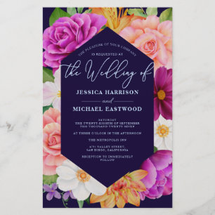 Budget Purple Pink Roses Floral Wedding Invitation