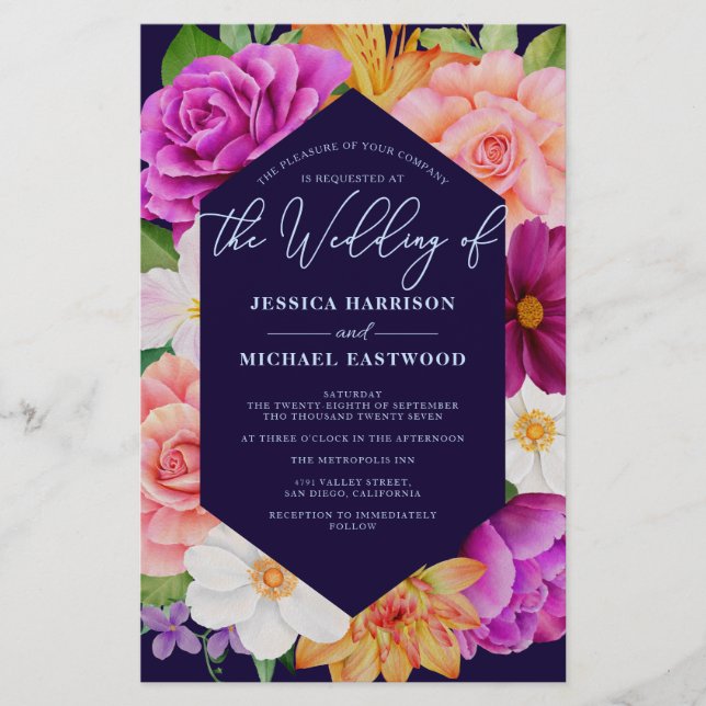 Budget Purple Pink Roses Floral Wedding Invitation (Front)