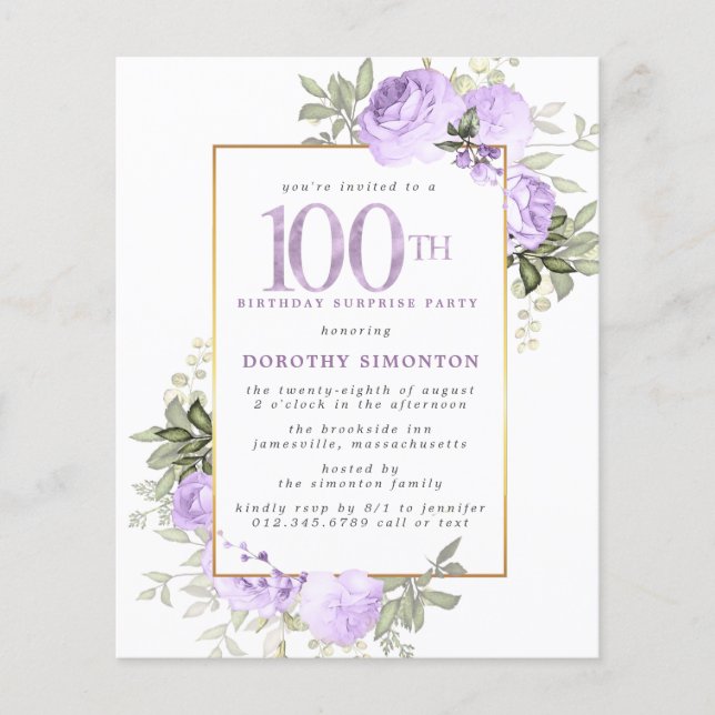 Budget Purple Rose 100th Birthday Surprise Party (Front)