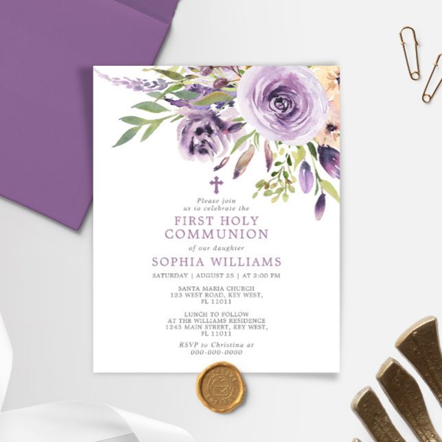 Budget Purple Rose First Holy Communion Invitation (Creator Uploaded)