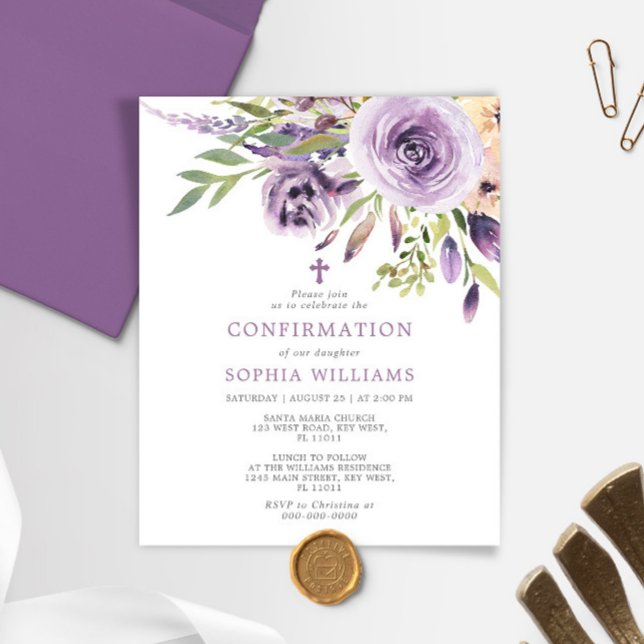 Budget Purple Rose Floral Confirmation Invitation (Creator Uploaded)