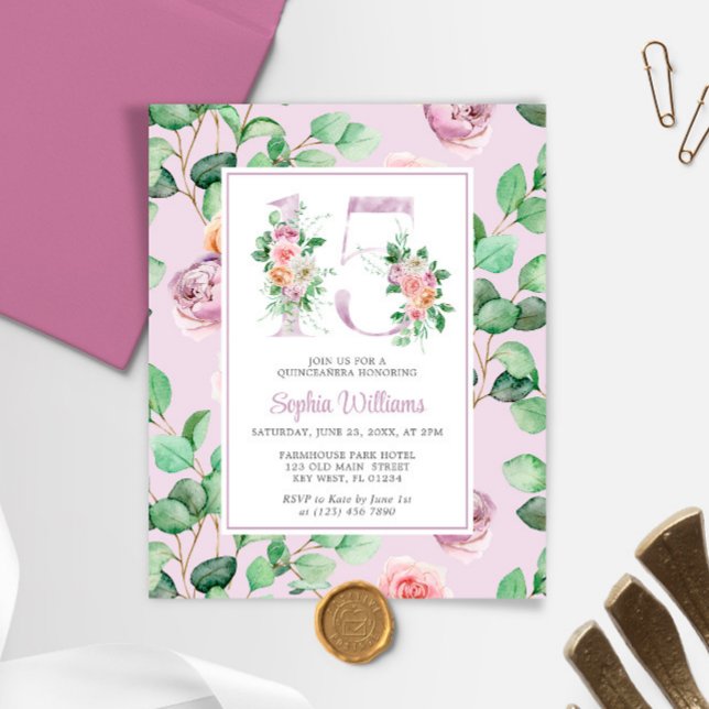Budget Purple Rose Flowers Quinceañera Invitation (Creator Uploaded)