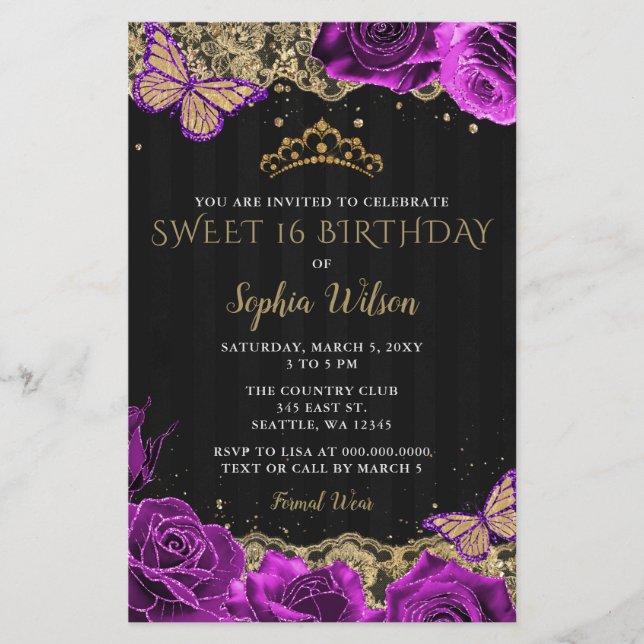 Budget Purple Roses Black Gold Sweet 16 Invitation (Front)