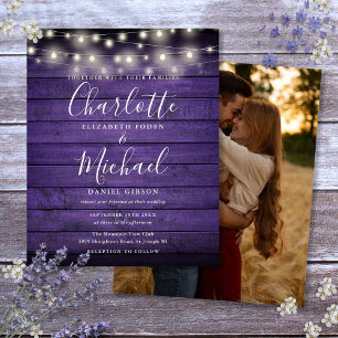 Budget Purple Rustic Lights Photo Wedding Invite