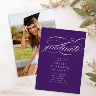 Budget Purple Script Photo Graduation Party Invitation