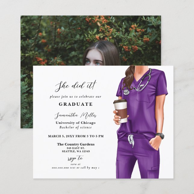 Budget Purple Scrubs Nurse Photo Graduation Invite (Front/Back)