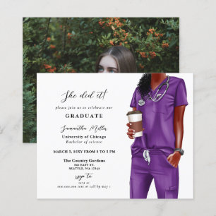 Budget Purple Scrubs Nurse Photo Graduation Invite