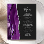 Budget Purple Silver Agate Dark Wedding Menu<br><div class="desc">The left-hand edge of this elegant modern wedding menu features a purple watercolor agate border trimmed with faux silver glitter. The customisable text combines silver grey handwriting script and copperplate fonts on an off-black background. The reverse side features a matching purple and silver agate design.</div>