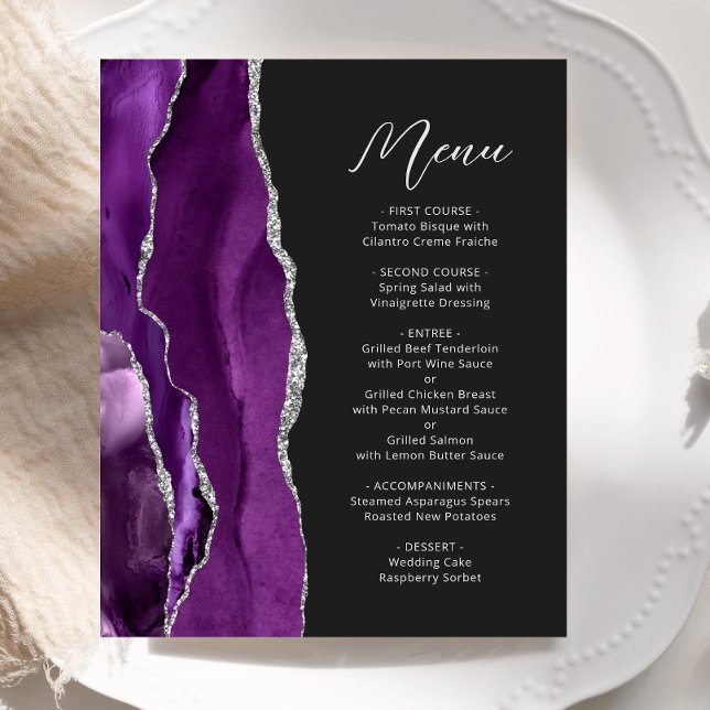 Budget Purple Silver Agate Script Wedding Menu (Creator Uploaded)