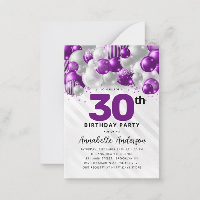 Budget Purple Silver Balloon Glitter 30th Birthday Card (Front)
