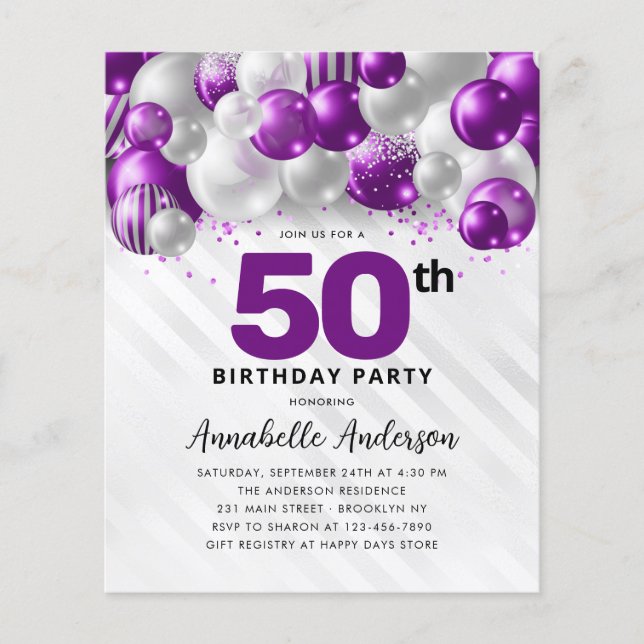 Budget Purple Silver Balloon Glitter 50th Birthday (Front)