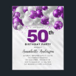 Budget Purple Silver Balloon Glitter 50th Birthday<br><div class="desc">Modern Glam Purple Violet Silver Balloon Glitter Sparkle Any Age Birthday Invitation</div>