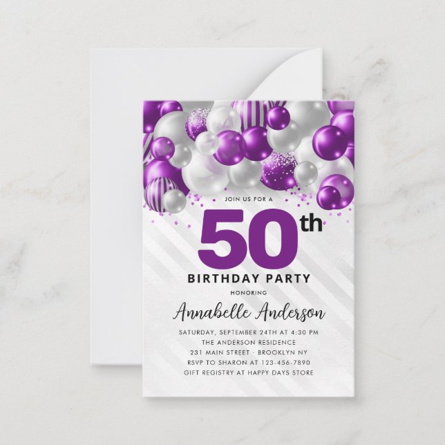 Budget Purple Silver Balloon Glitter 50th Birthday Card (Front)