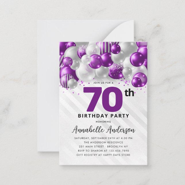 Budget Purple Silver Balloon Glitter 70th Birthday Card (Front)