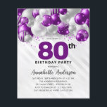 Budget Purple Silver Balloon Glitter 80th Birthday<br><div class="desc">Modern Glam Purple Violet Silver Balloon Glitter Sparkle Any Age Birthday Invitation</div>