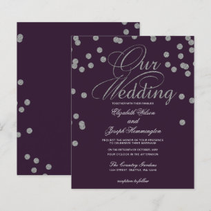 Budget Purple Silver Confetti Wedding Invitation