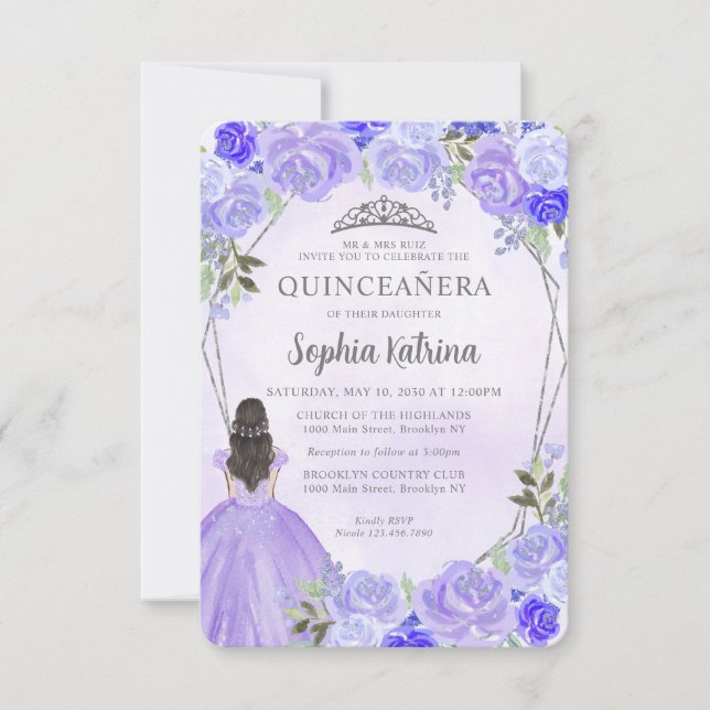 Budget Purple Silver Floral Princess Quinceañera Card (Front)
