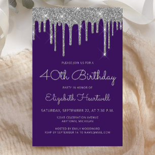 Budget Purple Silver Glitter 40th Birthday Invite