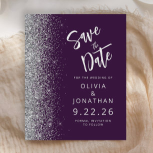Budget Purple Silver Script Glitter Save the Date