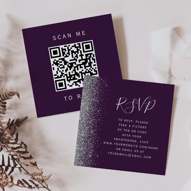 Budget Purple Silver Wedding QR Code RSVP Enclosure Card (Creator Uploaded)