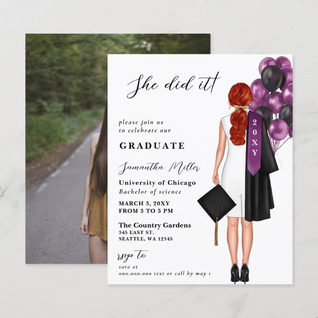 Budget Purple Simple Photo She Did It Graduation (Front/Back)