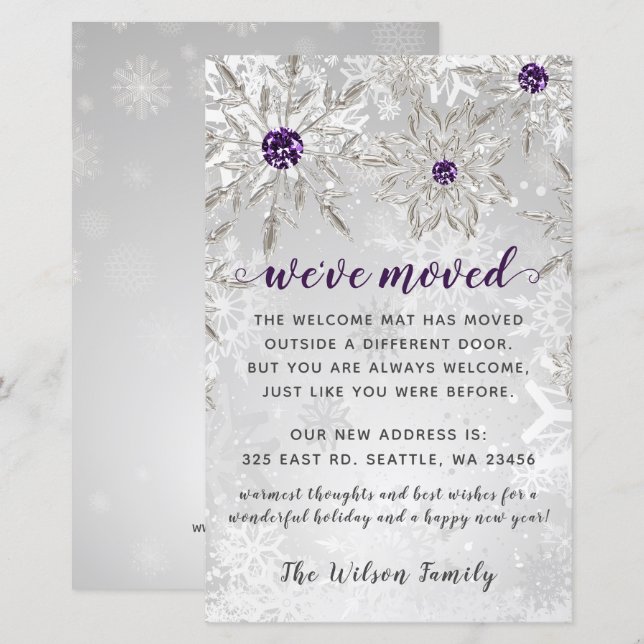 Budget Purple Snowflakes We've Moved Holiday Cards (Front/Back)