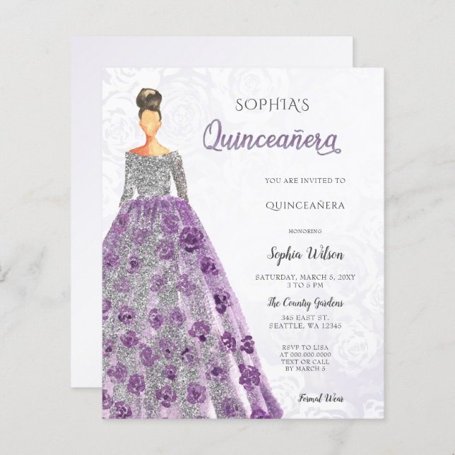 Budget Purple Sparkle Dress Quinceanera Invitation (Front/Back)