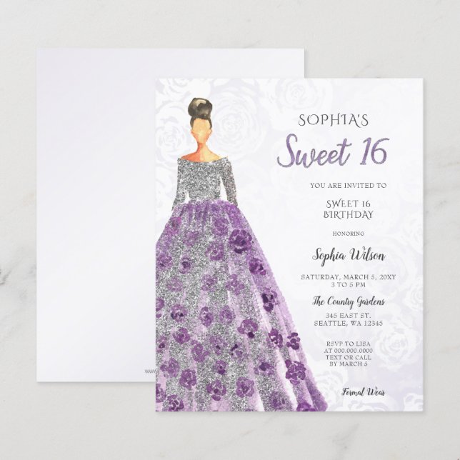 Budget  Purple Sparkle Dress Sweet 16 Invitation (Front/Back)