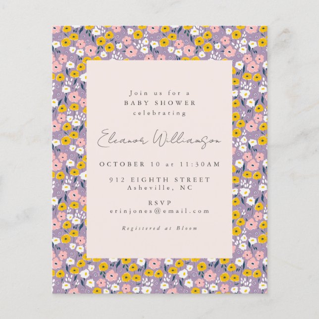 Budget Purple Spring Floral Baby Shower Invitation (Front)