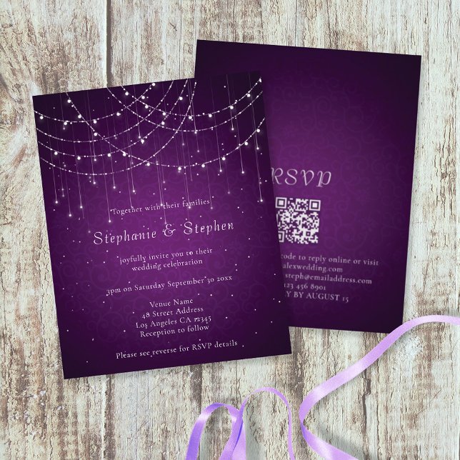Budget Purple String Lights QR Code Wedding Invite (Creator Uploaded)
