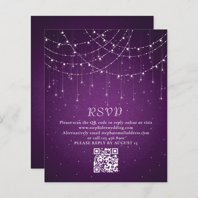 Budget Purple String Lights QR Code Wedding RSVP (Front/Back)