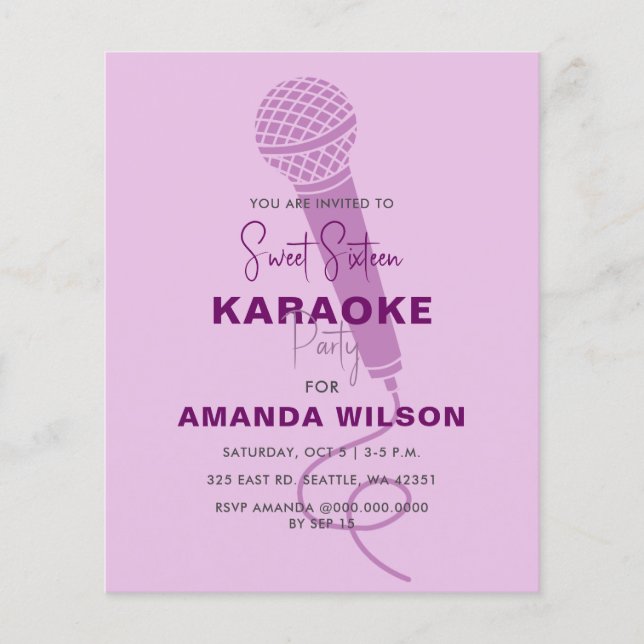 Budget Purple Sweet 16 Karaoke Party Invitation (Front)