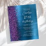 Budget Purple Teal Glam 21st Birthday Invite<br><div class="desc">The left-hand edge of this modern birthday party invitation features a purple faux glitter border. The customisable text combines white script and sans serif fonts on a teal blue faux brushed metal background. The reverse side features a matching design.</div>