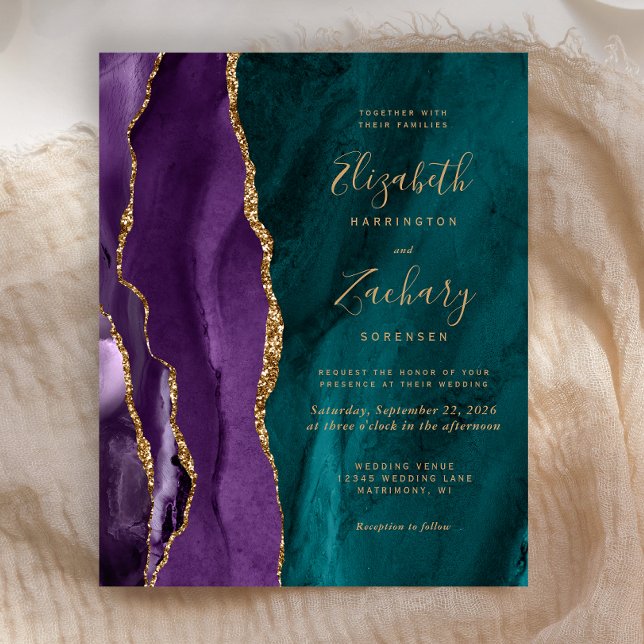 Budget Purple Teal Gold Agate Wedding Invitation (Creator Uploaded)
