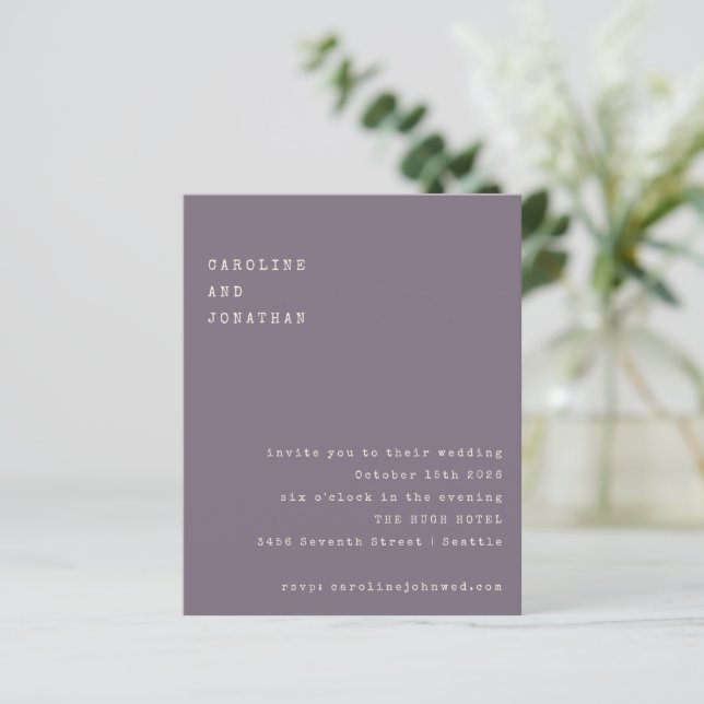Budget Purple Typewriter Font Wedding Invitation (Standing Front)
