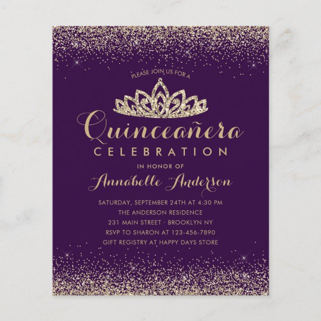 Budget Purple Violet Gold Quinceañera Tiara Invite (Front)
