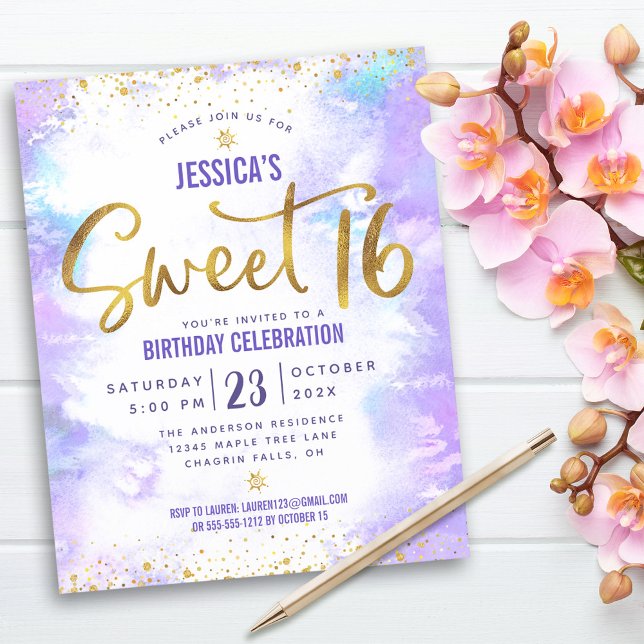 Budget Purple Watercolor Sweet 16 Gold Invitation (Creator Uploaded)